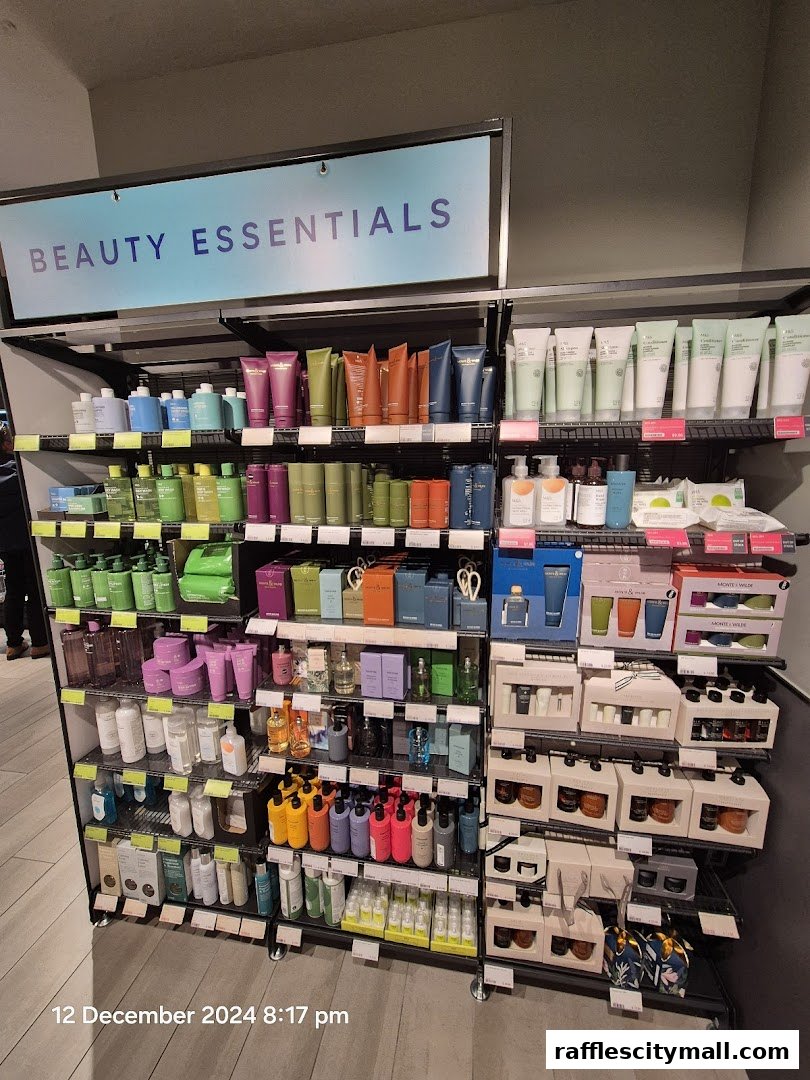 A display of various beauty products, including lotions, creams, and gift sets, neatly arranged on shelves.