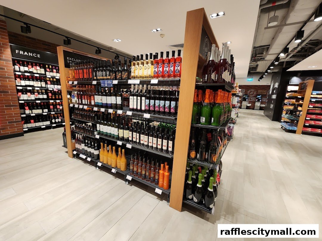 A wide selection of wine and spirits displayed on shelves in a well-lit retail store.