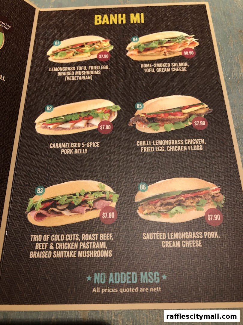 A menu showcasing various Banh Mi sandwiches with their ingredients and prices.