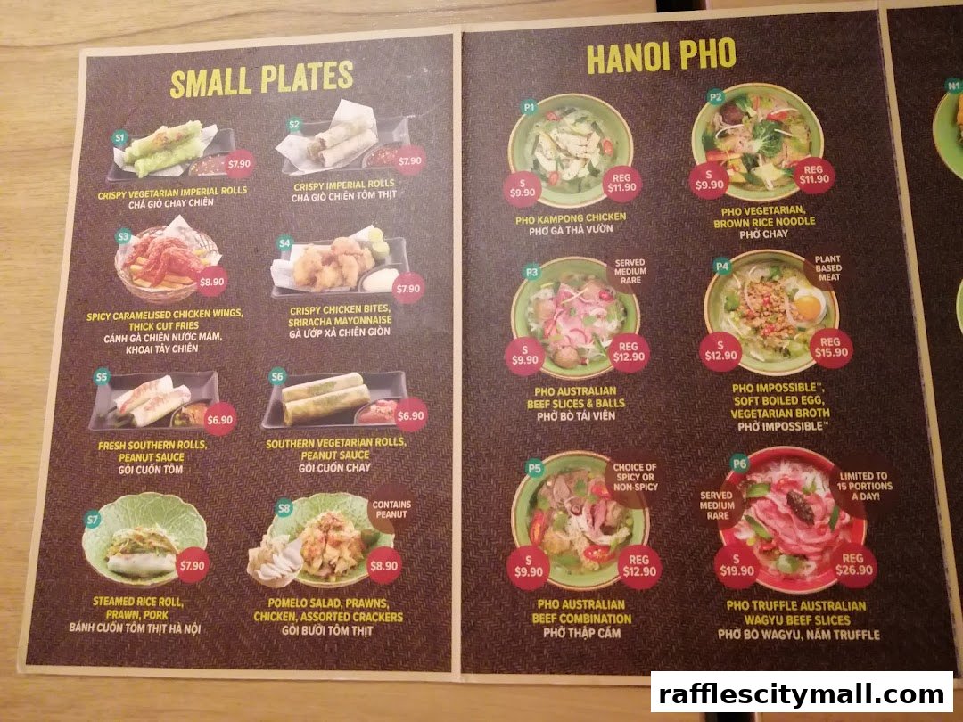 A menu featuring Vietnamese dishes, including small plates and various pho options.