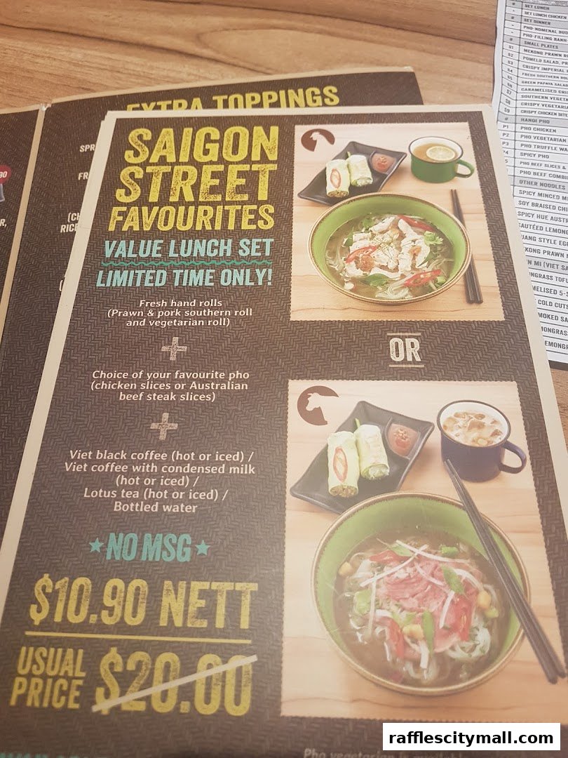 A menu featuring a Saigon Street Favourites Value Lunch Set with pho and hand rolls.