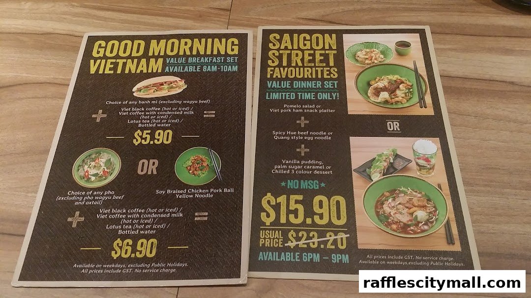A menu from NamNam Raffles City featuring Vietnamese breakfast and dinner sets.