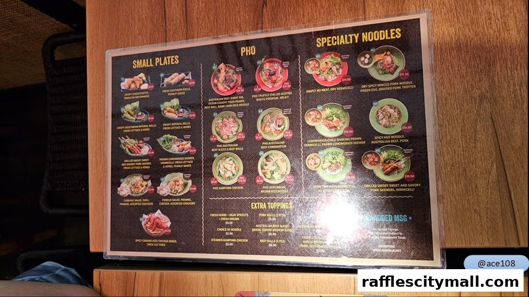 A menu from NamNam Raffles City featuring Vietnamese dishes like Pho and Specialty Noodles.