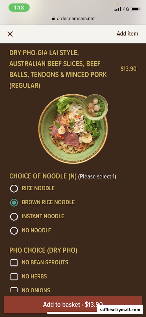 A close-up of a menu item for Dry Pho-Gia Lai Style with customization options.