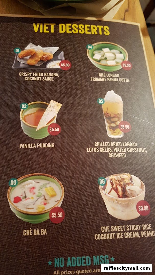 A menu showcasing various Vietnamese desserts with images and prices.