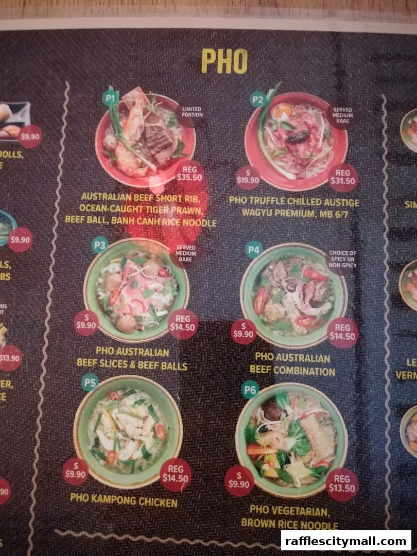 A menu showcasing various types of Pho noodle soup with prices and descriptions.