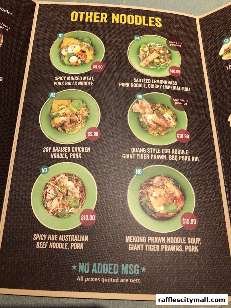 A menu page showcasing various noodle dishes with prices and descriptions.