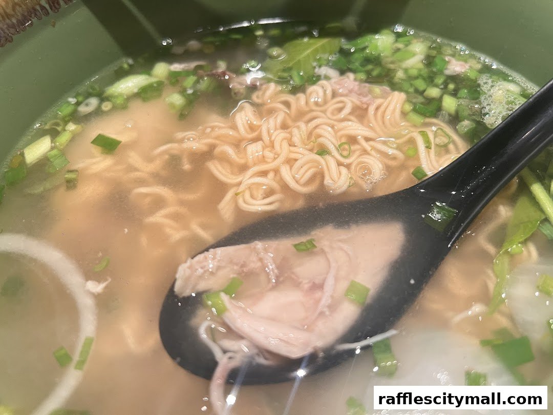 A close-up shot of a steaming bowl of ramen with noodles, chicken, and green onions.