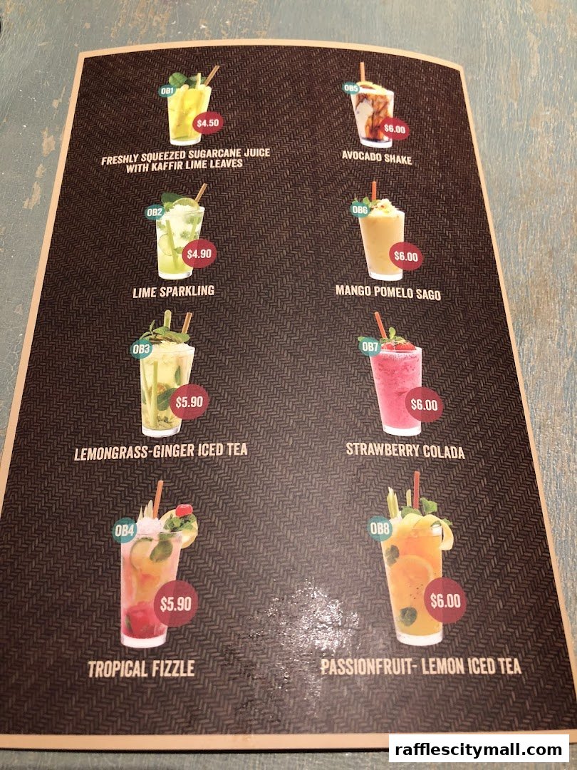 A menu showcasing various refreshing drinks with their names and prices.