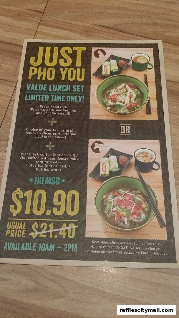 A menu for a value lunch set featuring pho, hand rolls, and a drink.