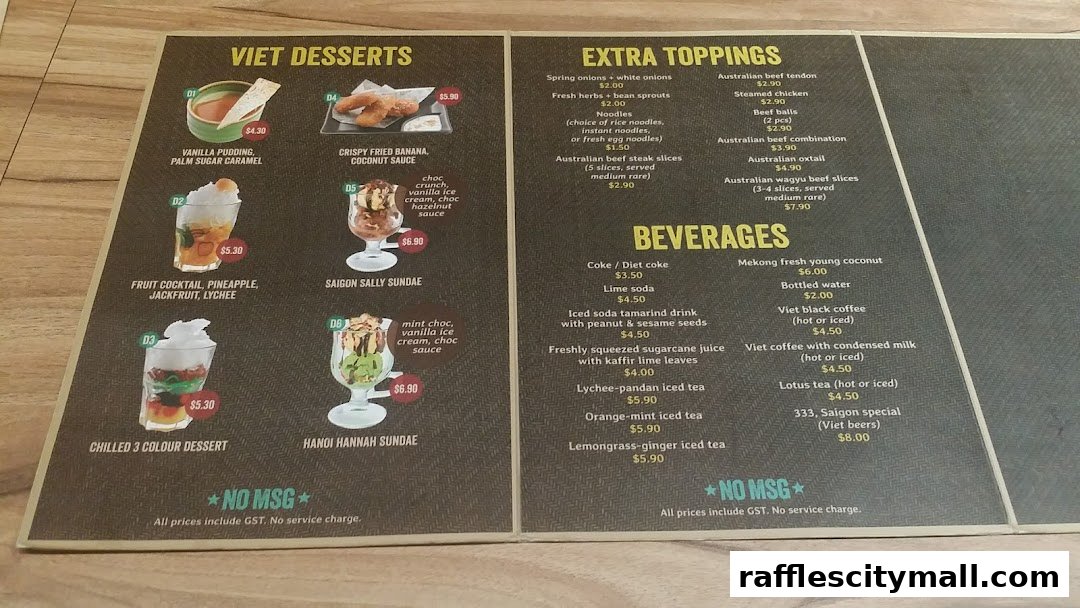 A menu for NamNam Raffles City featuring Vietnamese desserts, extra toppings, and beverages.