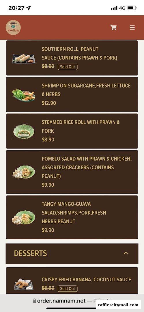 A screenshot of a mobile menu for NamNam Raffles City, showcasing various Vietnamese dishes.