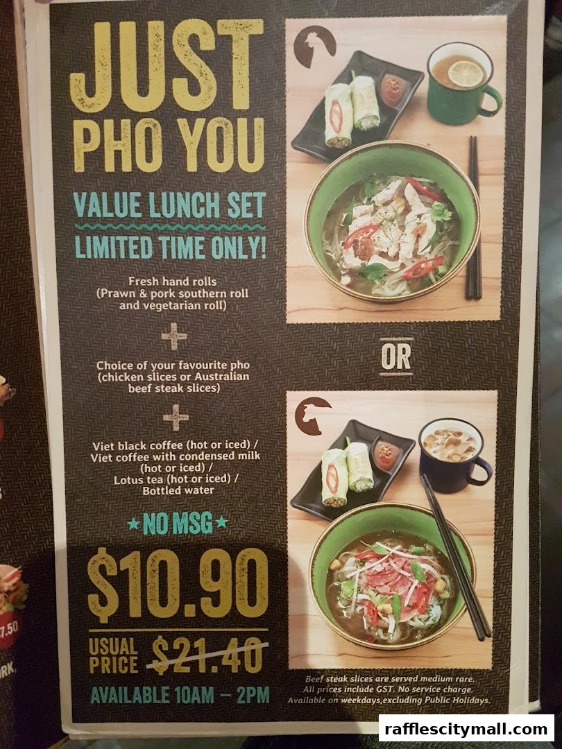 A menu for NamNam Raffles City featuring a value lunch set with pho and fresh hand rolls.