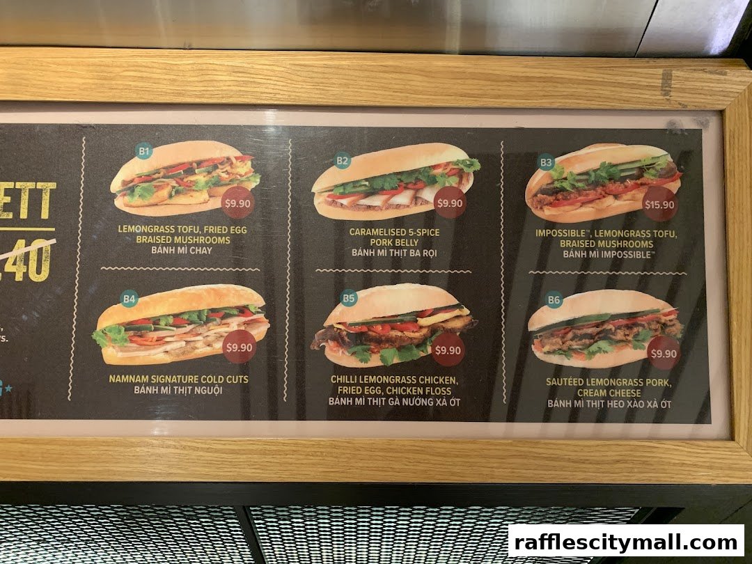 A menu board displaying six different banh mi sandwiches with their names and prices.