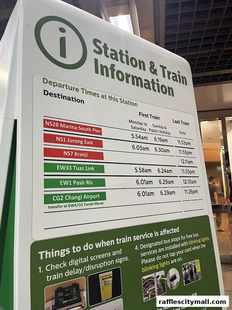 A sign displays train departure times and information for affected services.