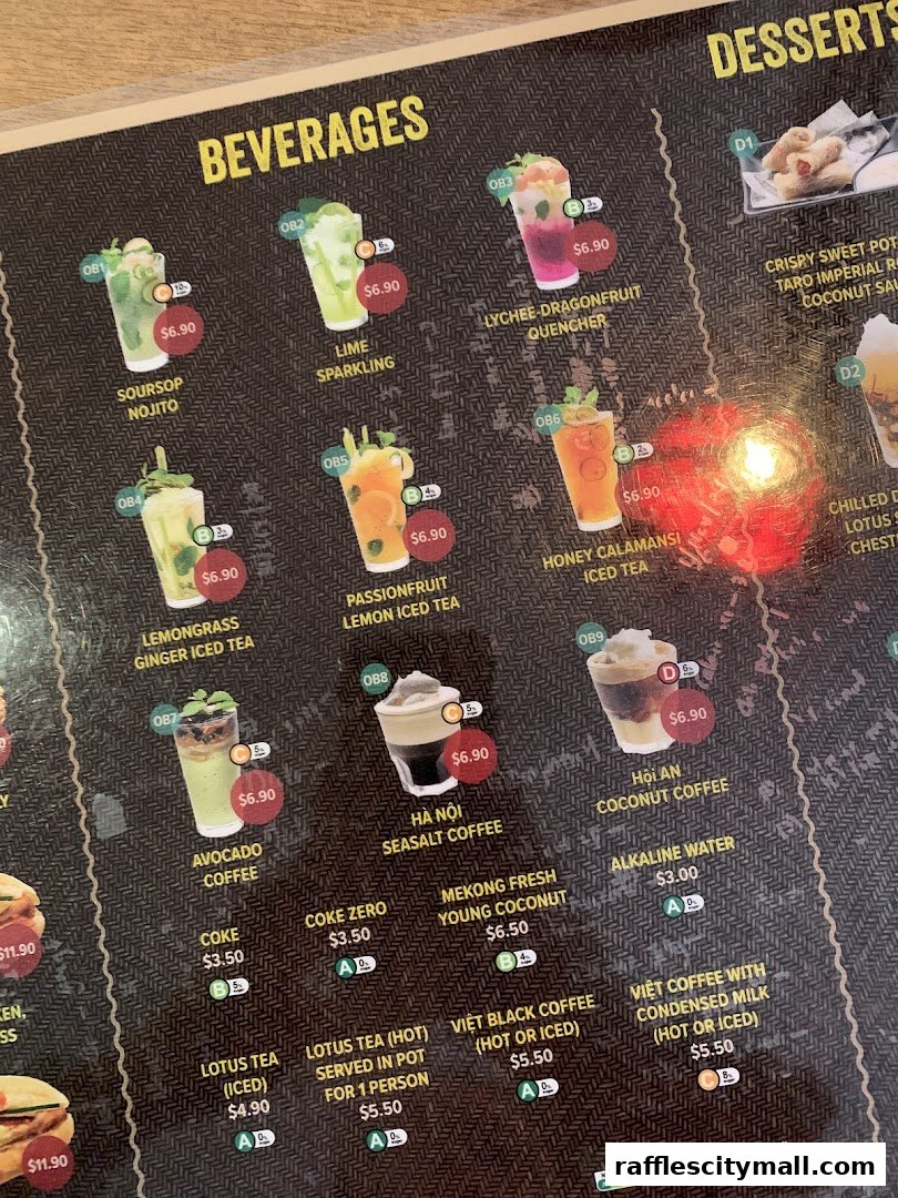 A menu featuring various beverages and desserts with prices and descriptions.