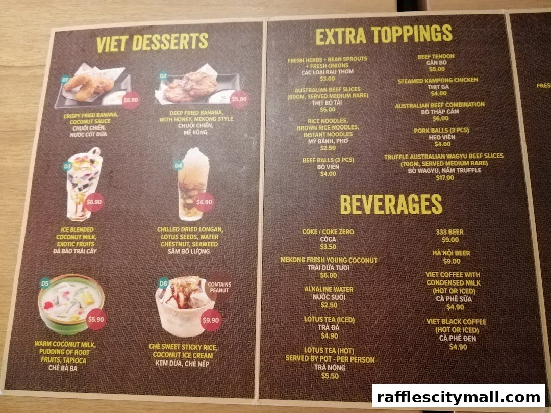 A menu featuring Vietnamese desserts, extra toppings, and beverages with prices.
