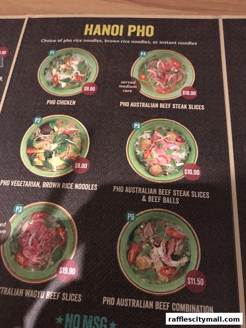 A menu featuring various pho dishes with prices and descriptions.