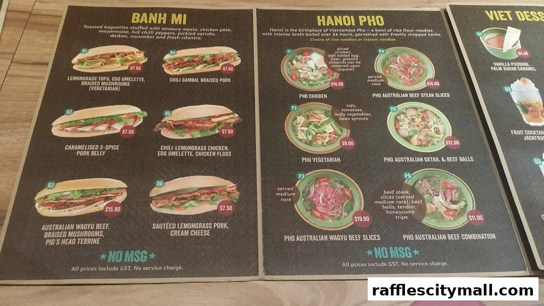 A menu featuring Vietnamese dishes including Banh Mi sandwiches and Pho noodle soups.