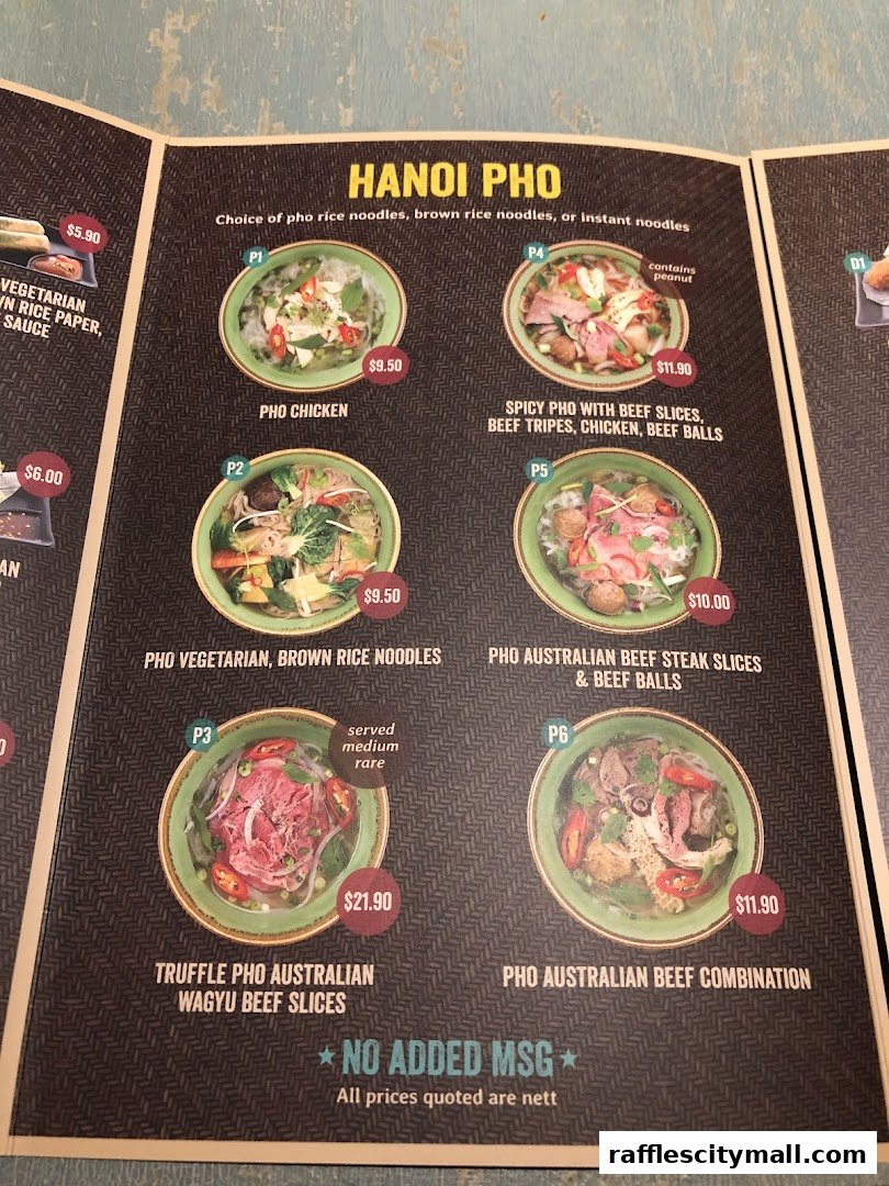 A menu showcasing various pho dishes with prices and descriptions.