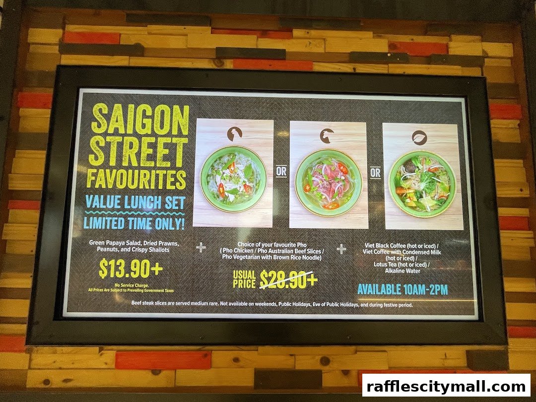 A digital menu board showcasing a Saigon Street Favourites Value Lunch Set.