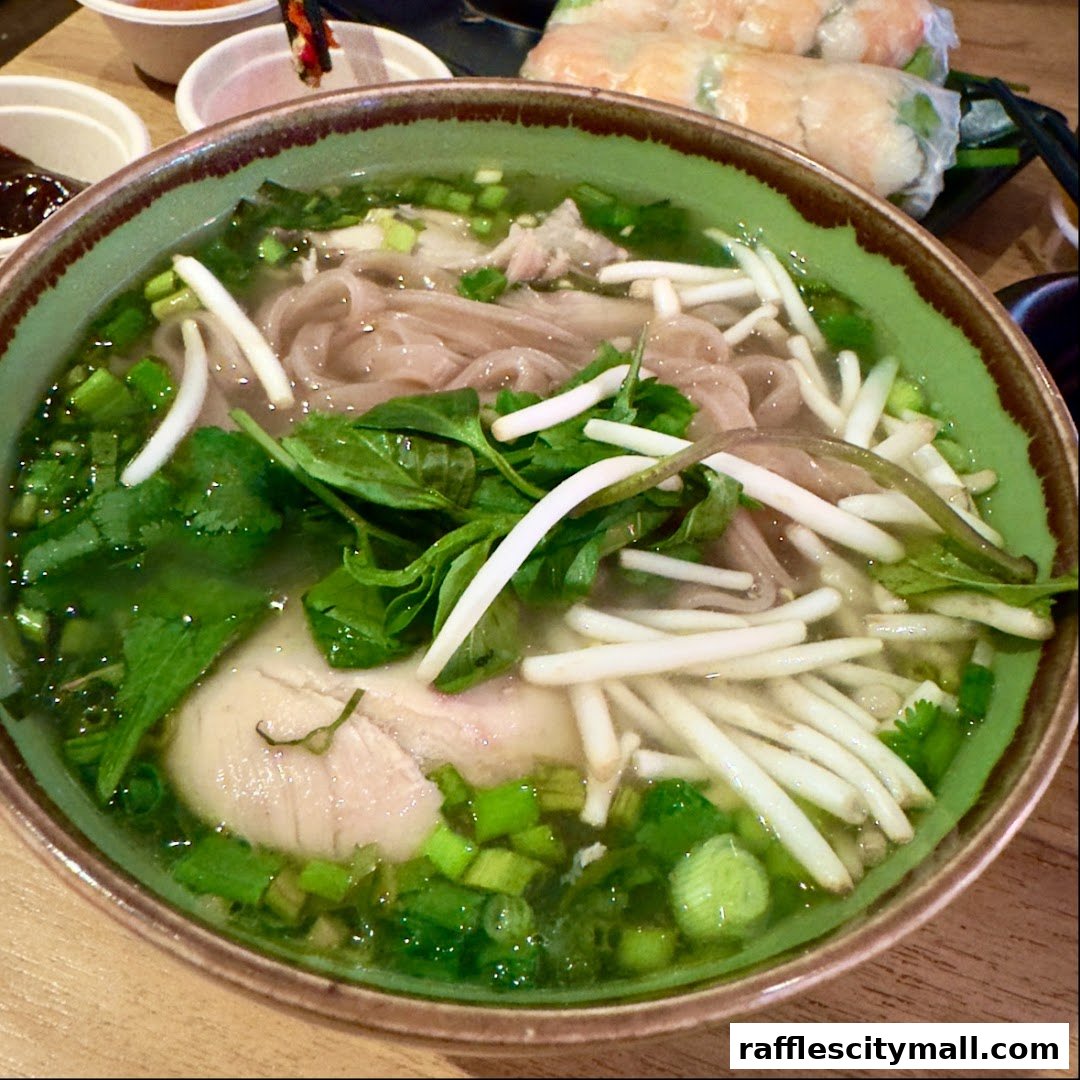 A close-up of a steaming bowl of pho with fresh herbs and bean sprouts.