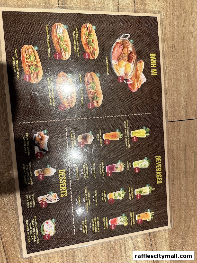 A menu featuring Vietnamese Banh Mi sandwiches, beverages, and desserts with enticing images.