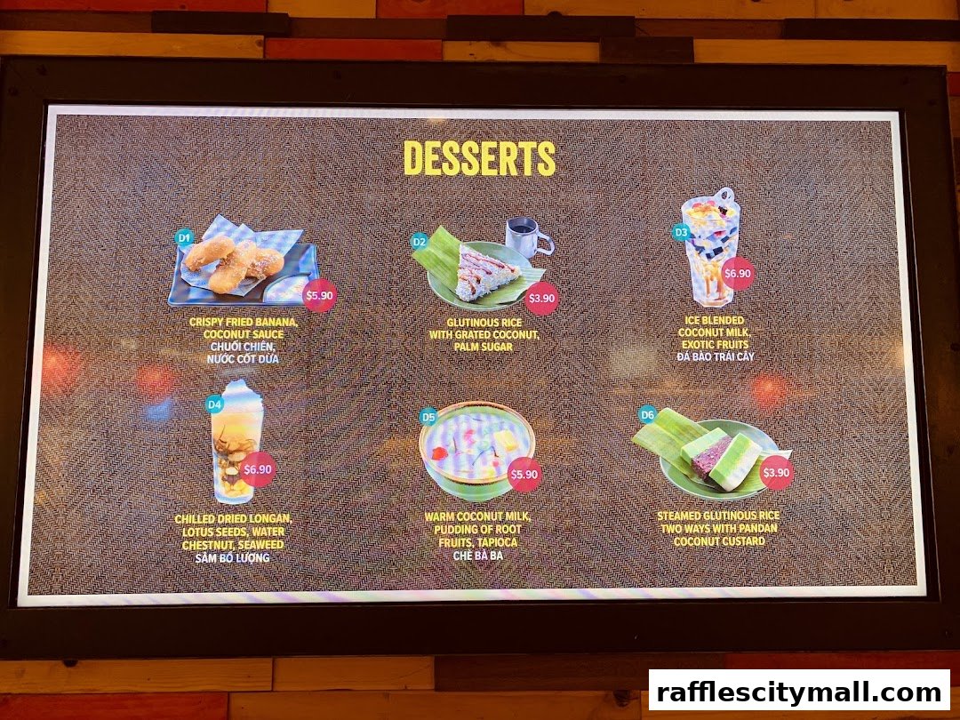 A digital menu displaying various Vietnamese dessert options with images and prices.