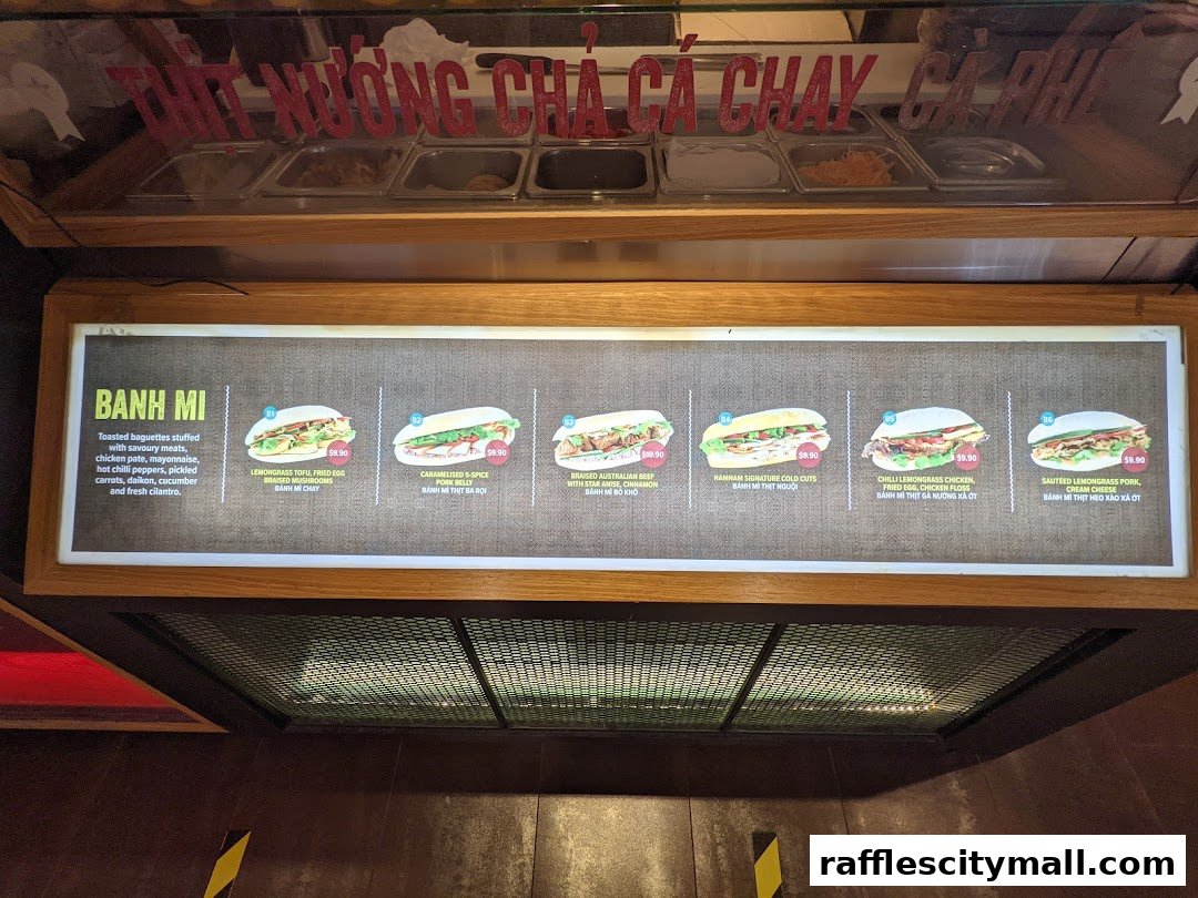 A menu display showcasing various Banh Mi options with images and prices.