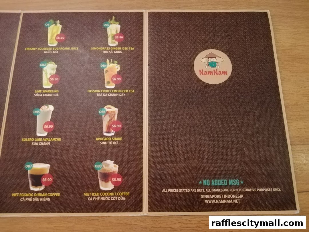 A menu from NamNam Raffles City showcasing various drinks with prices and descriptions.
