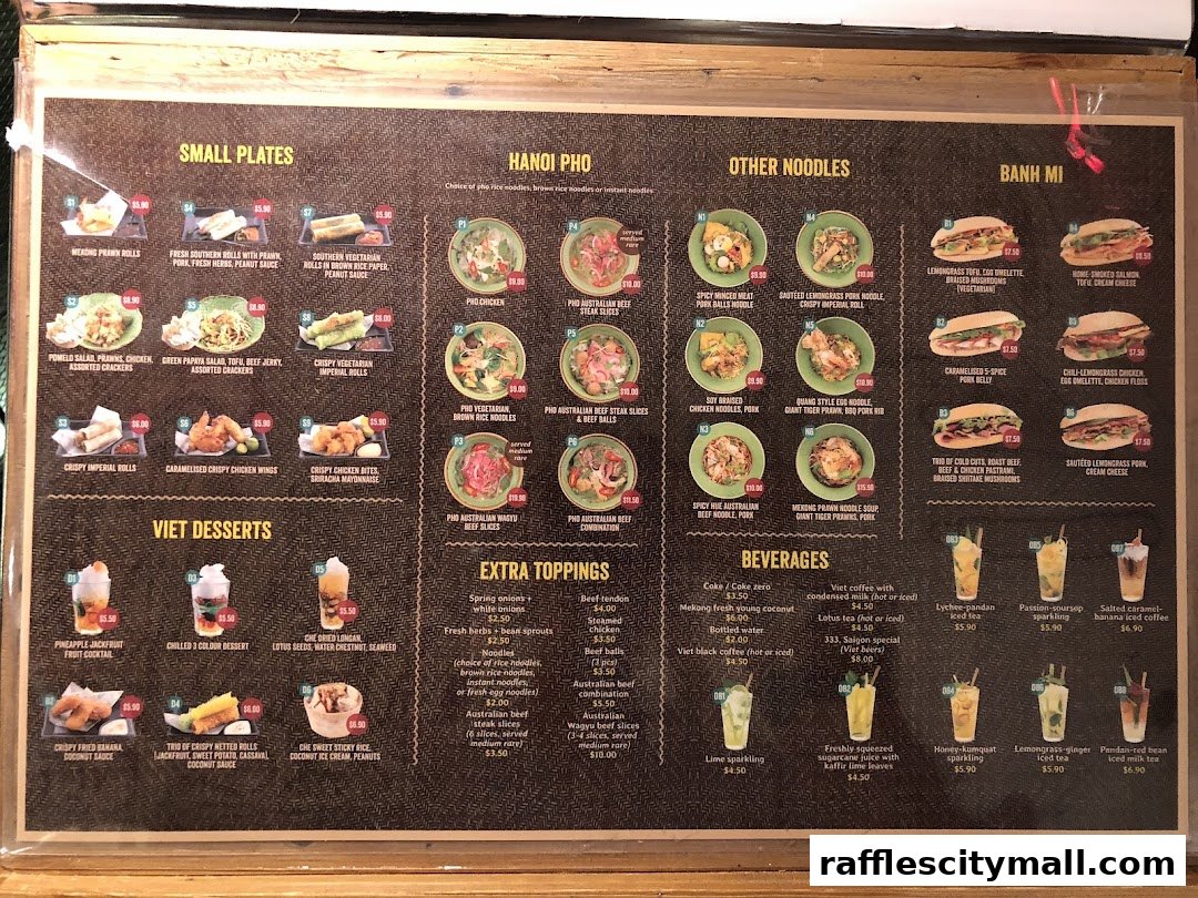 A menu featuring Vietnamese dishes including small plates, pho, noodles, banh mi, desserts, and beverages.