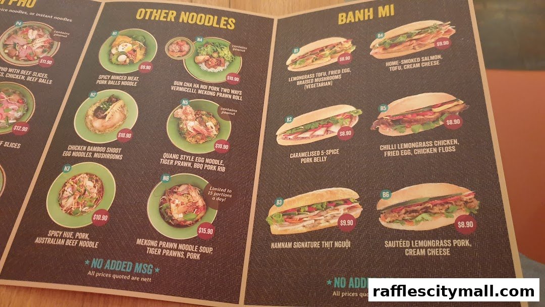 A menu from NamNam Raffles City featuring Vietnamese noodles and banh mi sandwiches.