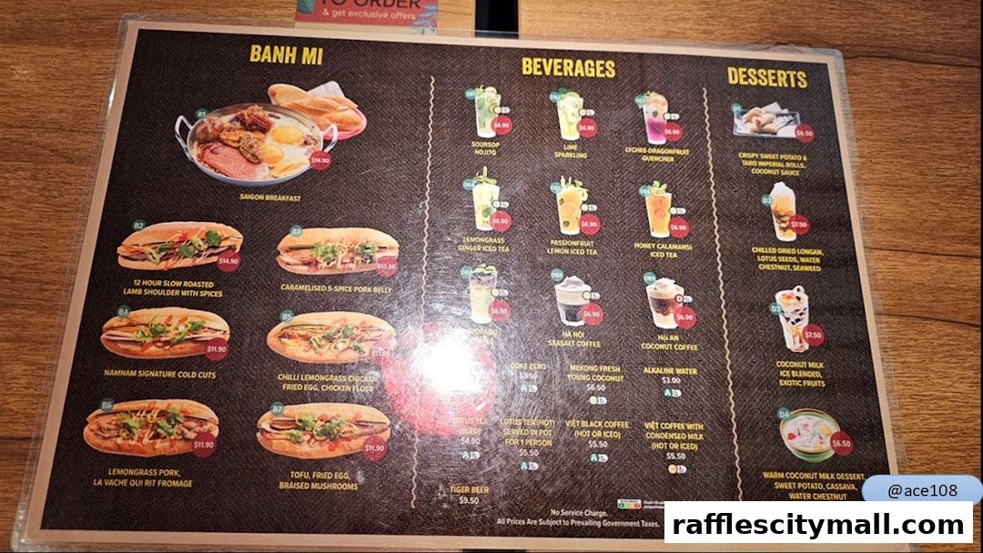 A menu from NamNam Raffles City featuring Banh Mi, Beverages, and Desserts.