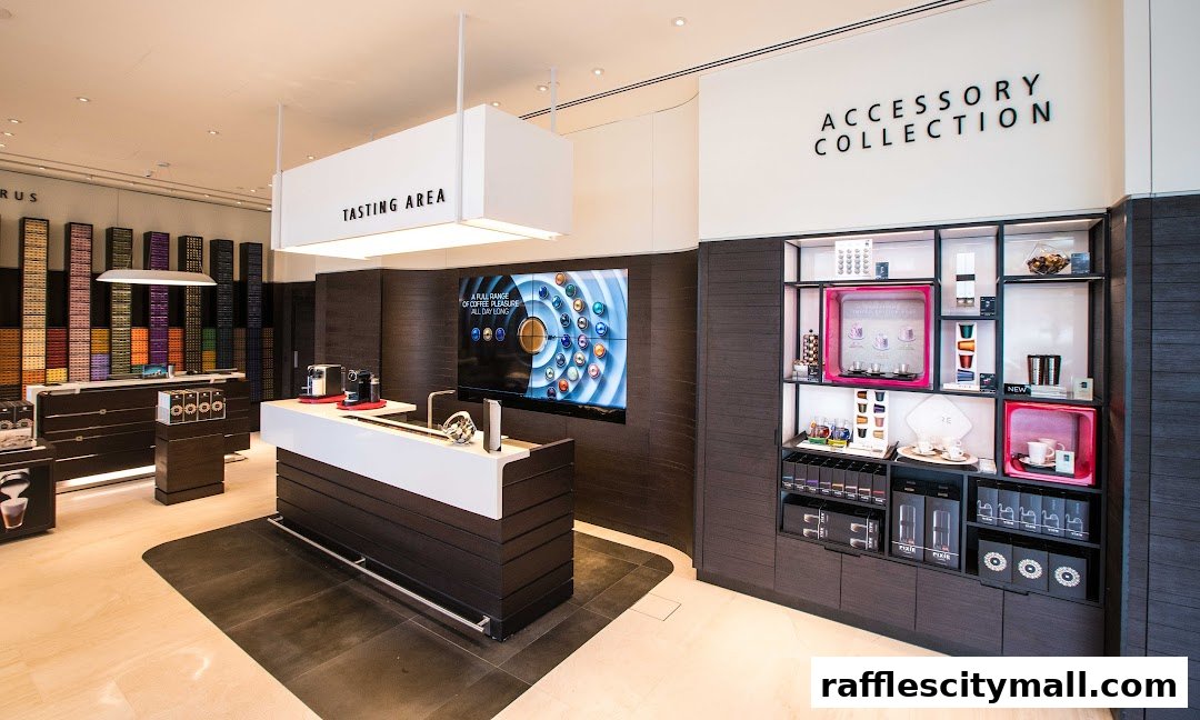 Interior of a Nespresso boutique with coffee machines, capsules, and accessories on display.