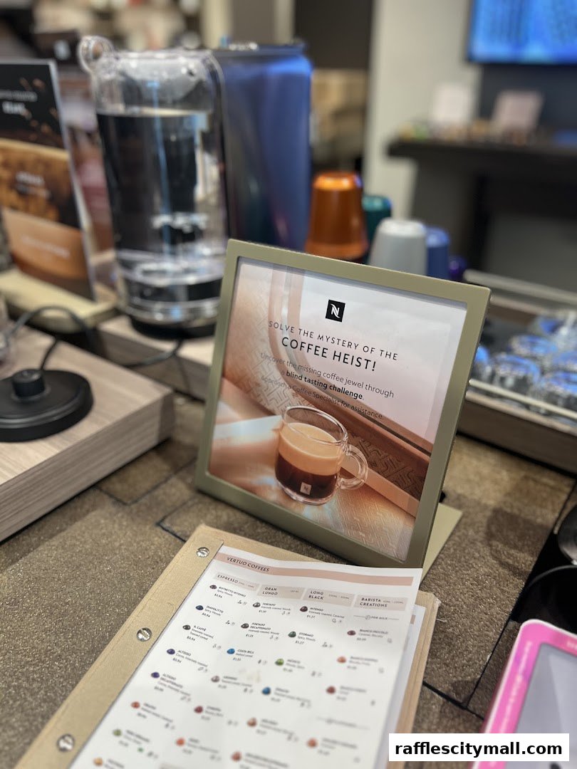A Nespresso menu and promotional sign with coffee capsules and a coffee machine.