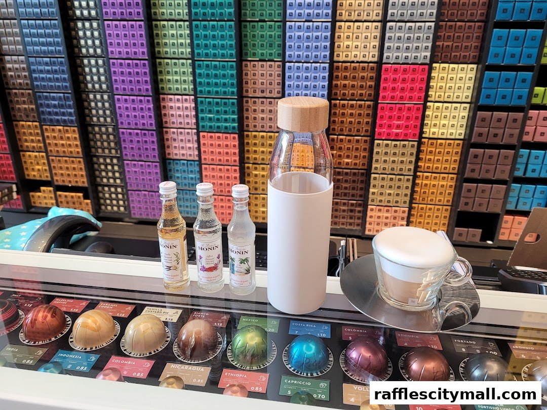 A display of Nespresso coffee capsules, Monin syrups, and a coffee drink.