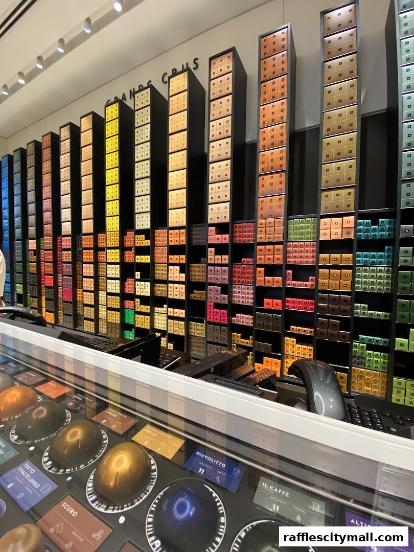 A Nespresso Boutique displays a vast selection of coffee capsules organized by color and intensity.