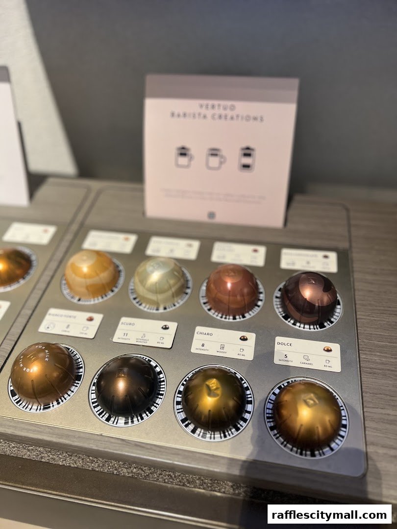 A display of Nespresso Vertuo coffee capsules with labels indicating intensity and flavor.