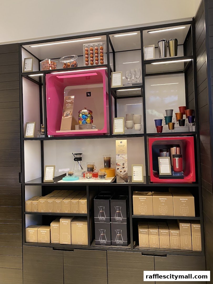 A Nespresso Boutique display featuring coffee machines, capsules, cups, and accessories.