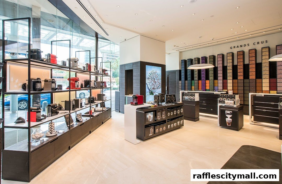 Interior of a Nespresso boutique showcasing coffee machines and a wide selection of coffee capsules.
