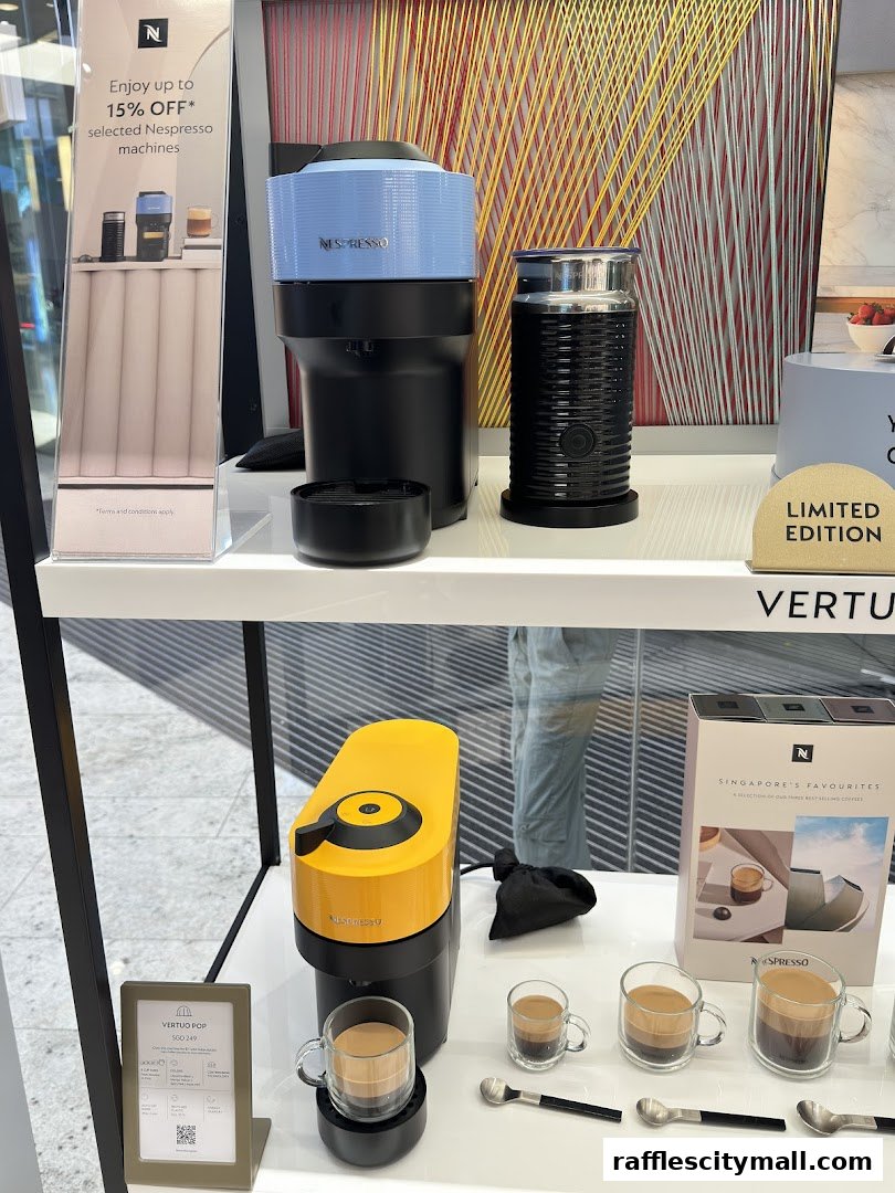 Nespresso machines and coffee cups displayed on shelves with promotional signage.