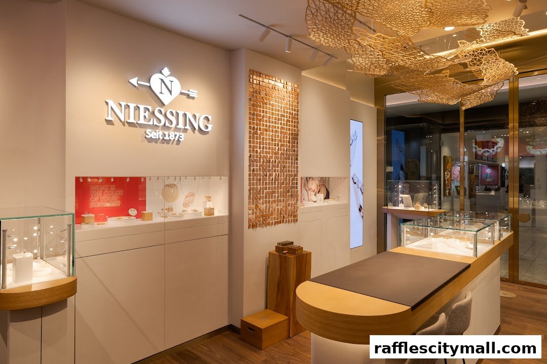 Interior view of a modern jewelry store with illuminated displays and elegant decor.