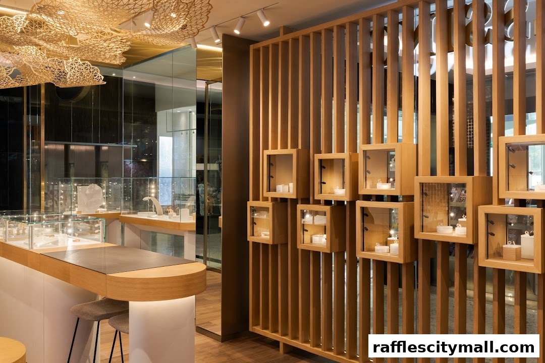 Interior of a modern jewelry store with display cases and wooden shelving.