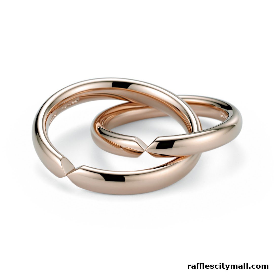 Two rose gold rings interlocked, showcasing elegant design and craftsmanship.