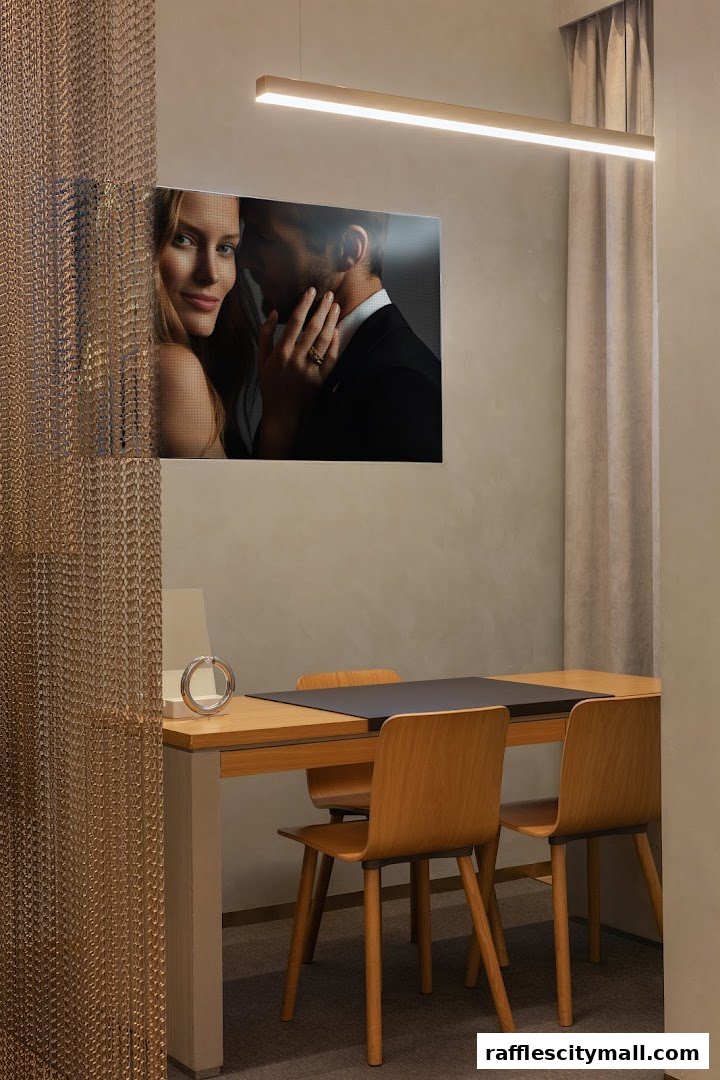 A modern interior with a digital display of a couple, a table, and chairs.