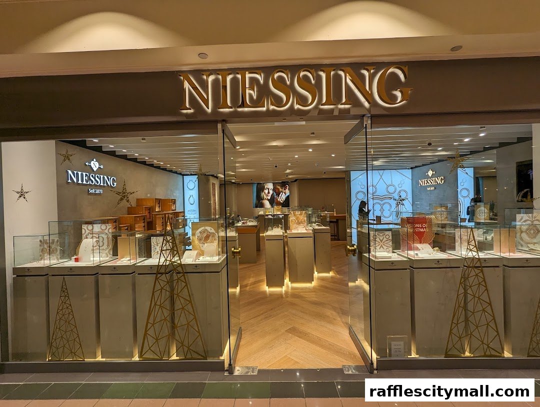 The elegant storefront of Niessing, showcasing exquisite jewelry in illuminated display cases.