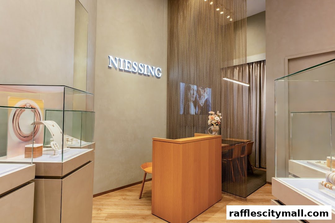 Interior of a modern jewelry store with display cases and a reception desk.