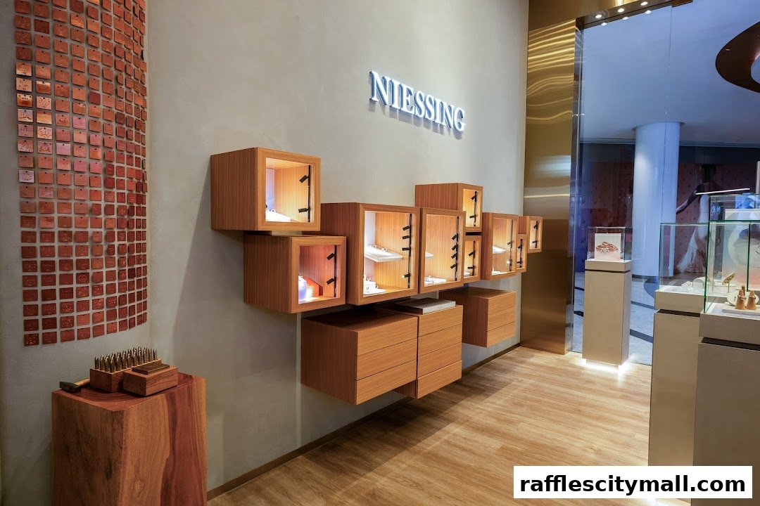 Interior of a modern jewelry store with illuminated display cases and wooden shelving.
