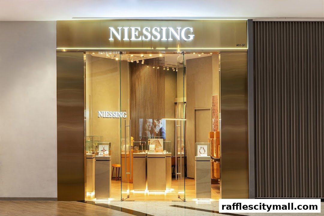 The elegant storefront of Niessing Raffles City Singapore, showcasing jewelry in illuminated display cases.
