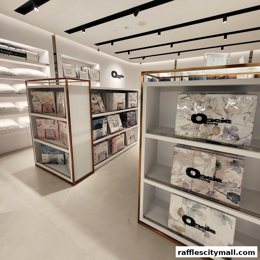 Interior view of Oasis Living Singapore showcasing bedding and pillows on display shelves.
